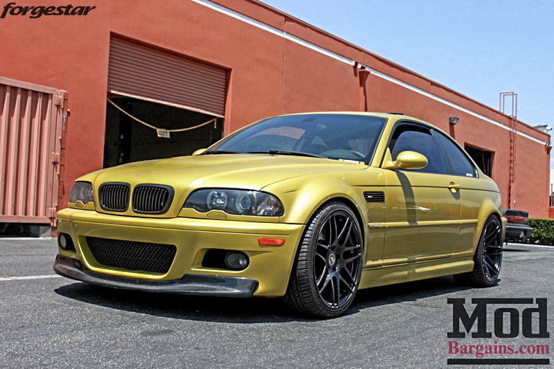 BMW E46 M3 Dakar Yellow Forgestar F14 Matte Black 19x9 19x10 (6)