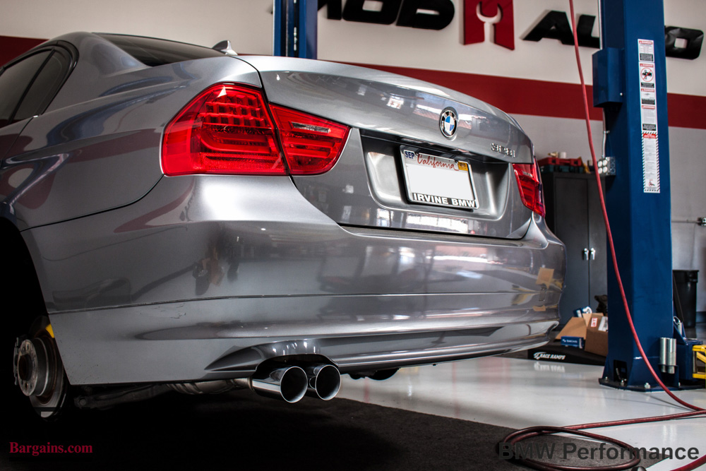 Gray BMW E90 328i Rear Bumper Exhaust
