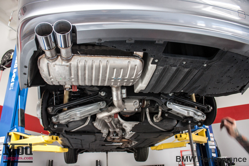 Gray BMW E90 328i Under-body Exhaust