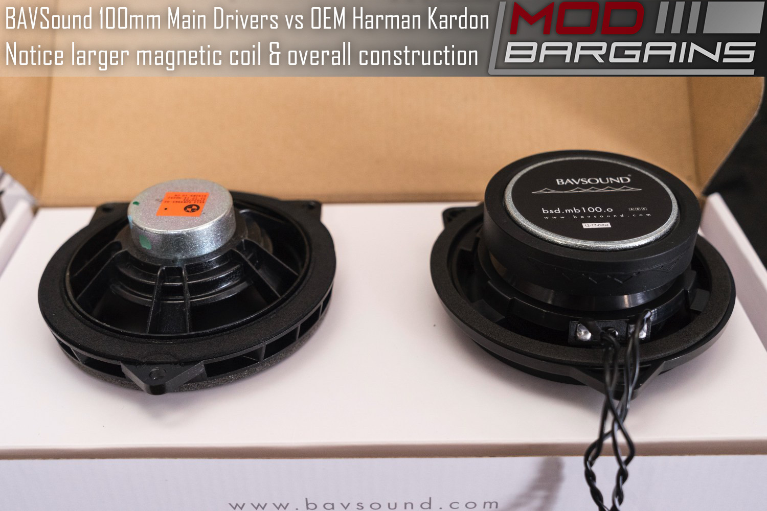 BAVSound Stage One 100mm Main Driver Upgrade vs OEM Harmon Kardon