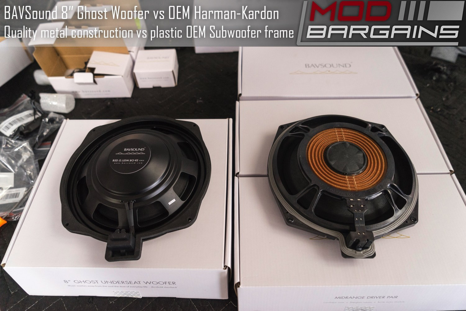 BAVSound Underseat Ghost Woofer V2 vs OEM Harman Kardon Woofer