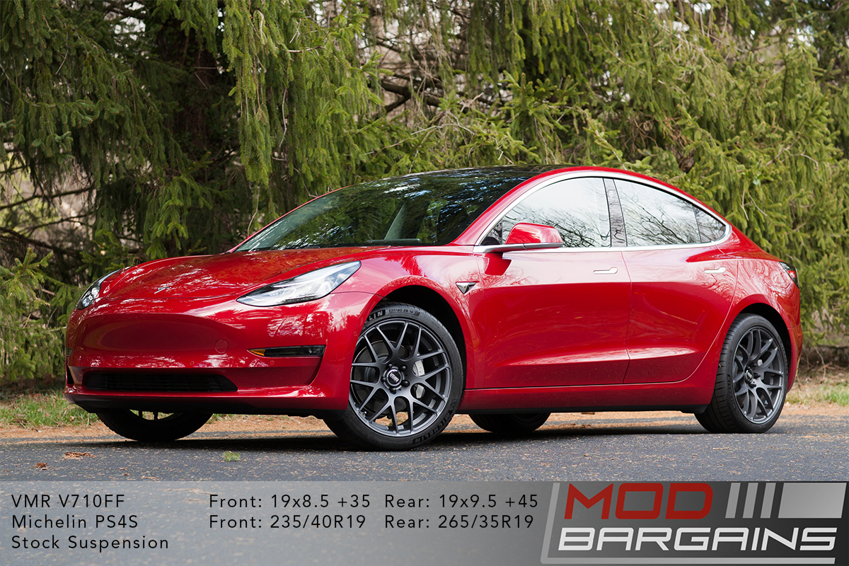 Red Tesla Model 3 on VMR V710FF 19x8.5 +35 front and 19x9.5 +45 rear